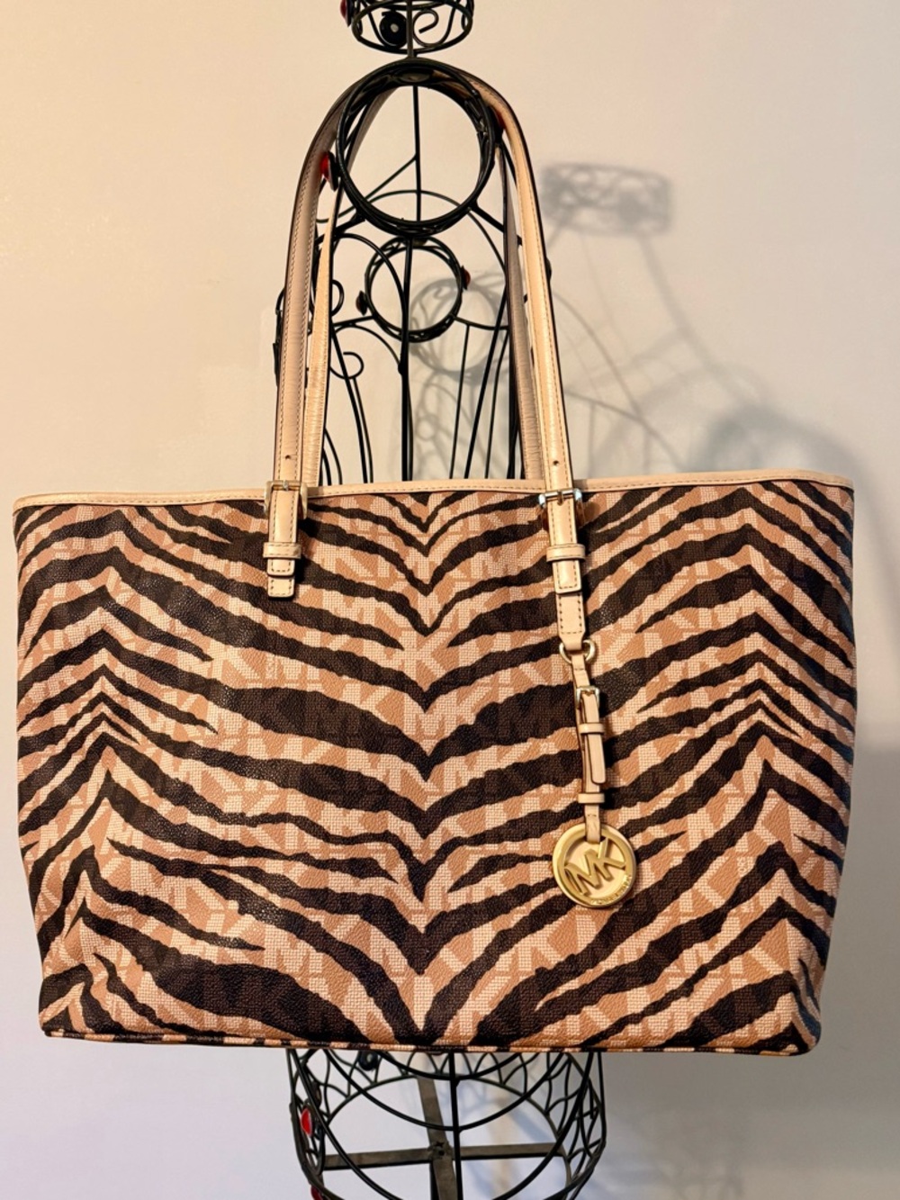 Michael Kors Jet Set Tan Dark Brown Zebra-Print Padded Laptop Tote Bag MK Charm